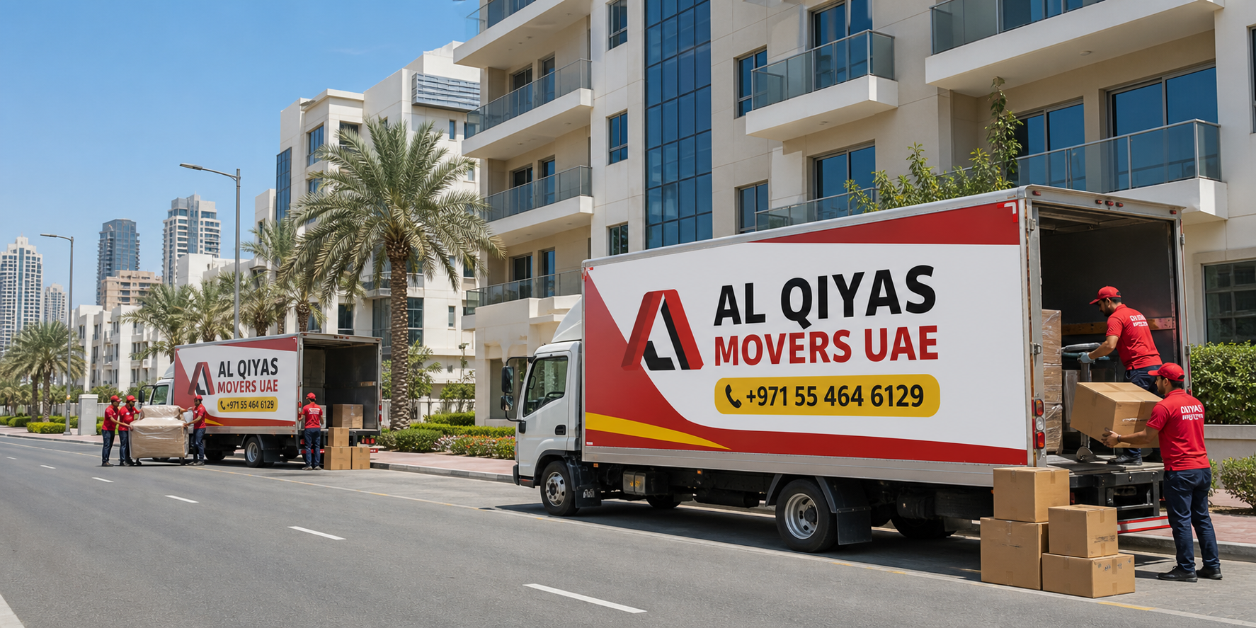 Al Qiyas Movers UAE branded moving trucks outside UAE apartment buildings